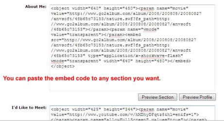 embed slideshow as mySpace profile